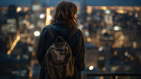 A girl looks out over the city with her Rare Klub backpack, the perfect fit for her on-the-go lifestyle.